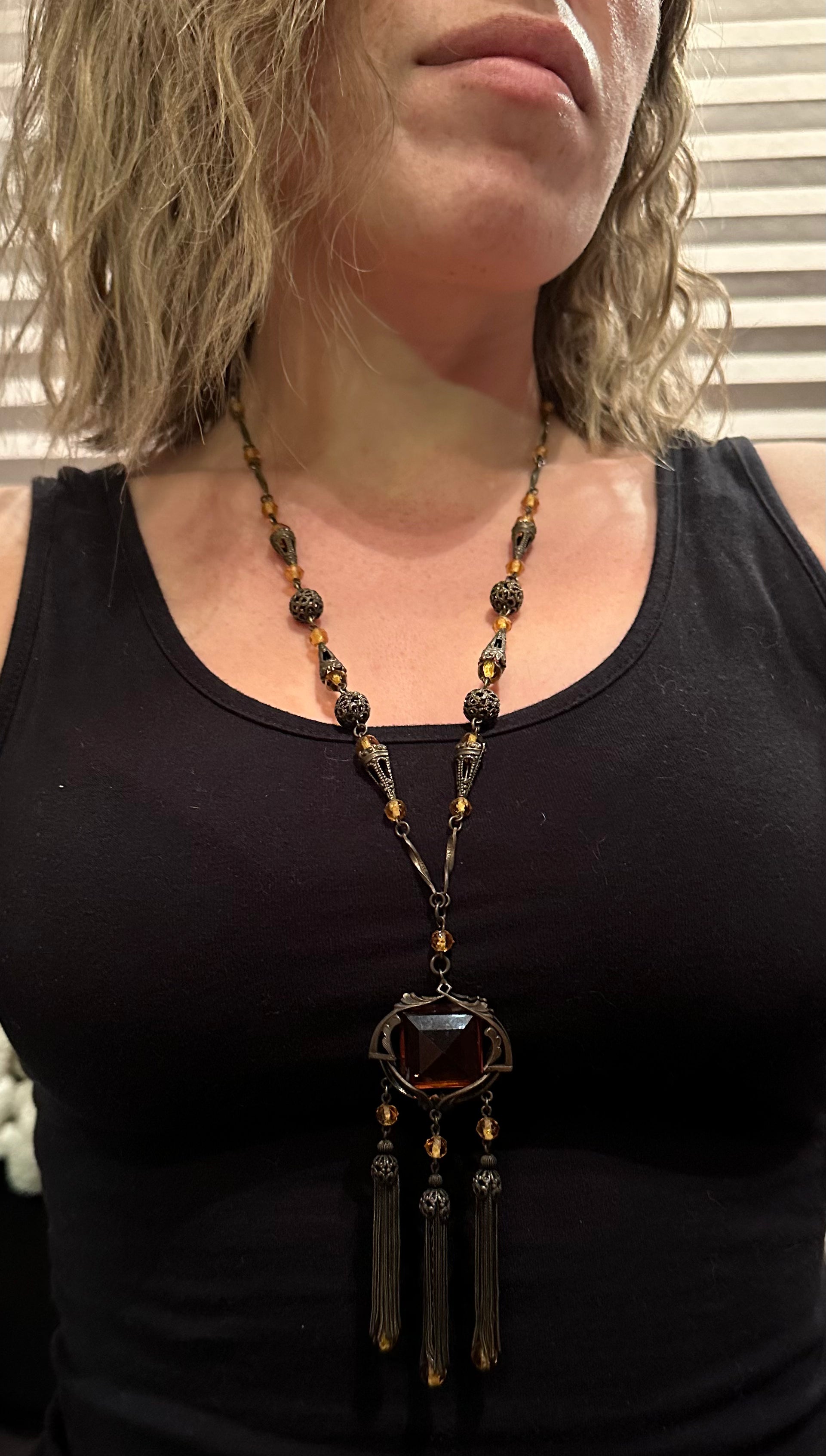 Antique Art Nouveau brass & amber glass necklace, 25"